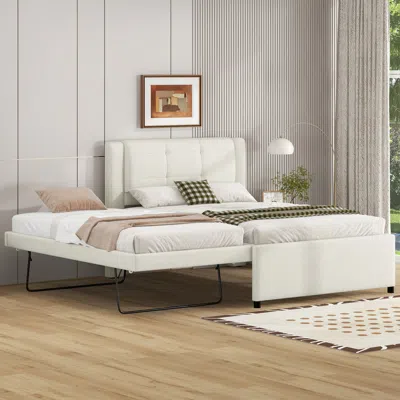 Streamdale Furniture Streamdale Beige Upholstered Platform Bed With Adjustable Trundle