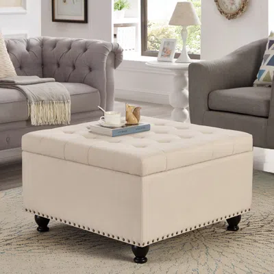 Streamdale Furniture Streamdale Beige Upholstered Storage Ottoman With Wooden Legs In Green