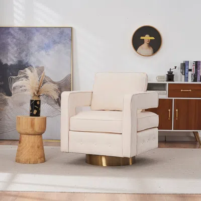 Streamdale Furniture Streamdale Beige Upholstered Velvet Swivel Accent Chair With Metal Base In Neutral