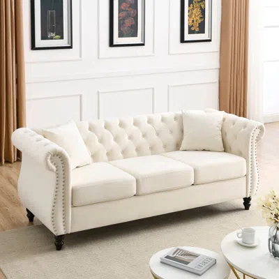 Streamdale Furniture Streamdale Beige Velvet Chesterfield Sofa With Tufted Couch And Nailhead Trim