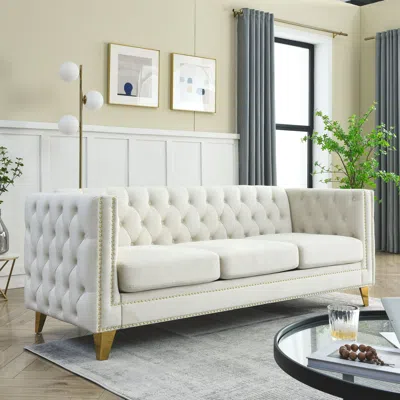 Streamdale Furniture Streamdale Beige Velvet Sofa With Tufted Arms And Metal Legs In White