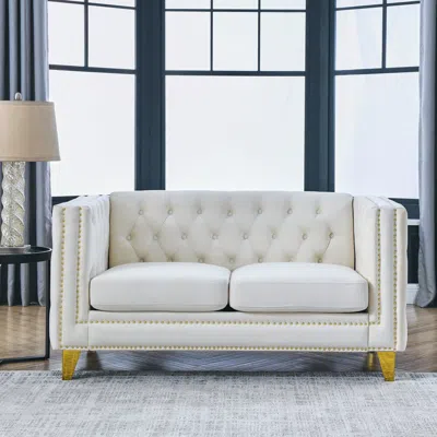 Streamdale Furniture Streamdale Beige Velvet Sofa With Tufted Square Arm In White