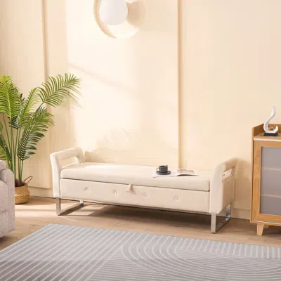 Streamdale Furniture Streamdale Beige Velvet Storage Bench With Armrests - 67.91" Wide