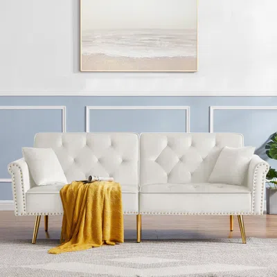 Streamdale Furniture Streamdale Beige Velvet Tufted Sofa Couch With 2 Pillows And Nailhead Trim In White
