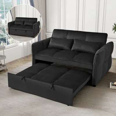 Streamdale Furniture Streamdale Black 3-in-1 Velvet Pull-out Couch Bed With Reclining Backrest & Pillows
