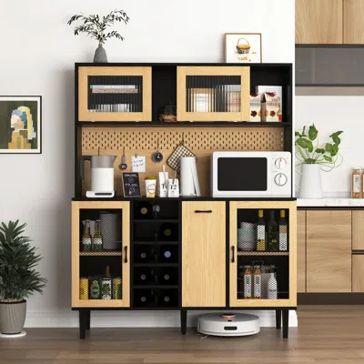Streamdale Furniture Streamdale Black & Natural Farmhouse Buffet Cabinet With Wine Rack