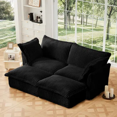 Streamdale Furniture Streamdale Black Corduroy 2-seater Sofa With Ottomans
