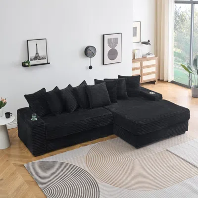 Streamdale Furniture Streamdale Black Corduroy Sofa W/ Cup Holder & Recliner