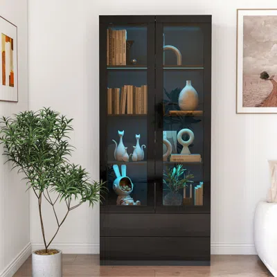 Streamdale Furniture Streamdale Black Display Cabinet With Glass Doors & Led