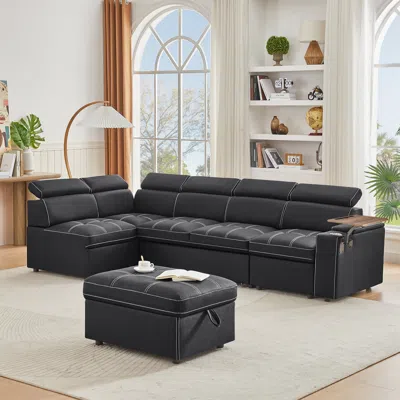 Streamdale Furniture Streamdale Black Fabric Sectional Sofa With Storage Ottoman In Brown