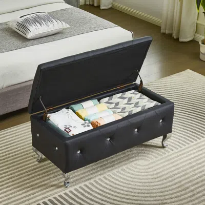 Streamdale Furniture Streamdale Black Faux Leather Storage Ottoman Bench With Crystal Buttons