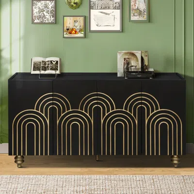 Streamdale Furniture Streamdale Black Fluted Sideboard Buffet - 4 Doors, Adjustable Shelves