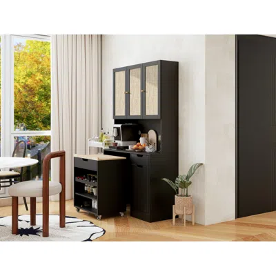 Streamdale Furniture Streamdale Black Kitchen Pantry Cabinet W/ Rattan Doors & Microwave Stand