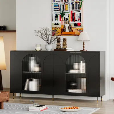 Streamdale Furniture Streamdale Black Lacquered Wooden Accent Cabinet With Glass Doors, 4-door