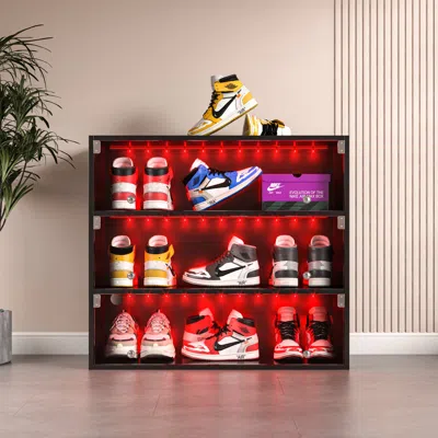 Streamdale Furniture Streamdale Black Led Light Shoe Box Three Layers With Glass Doors