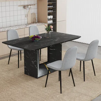 Streamdale Furniture Streamdale Black Marble Dining Set - 63" Table & 4 Gray Linen Chairs