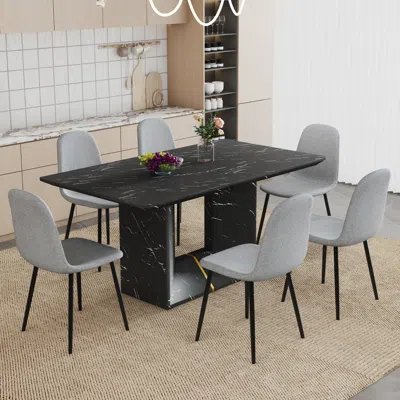 Streamdale Furniture Streamdale Black Marble Dining Set - 63" Table & 6 Gray Linen Chairs