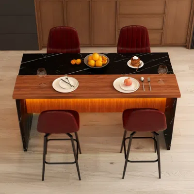 Streamdale Furniture Streamdale Black Marble Kitchen Island With Led Lighting & Grille Details