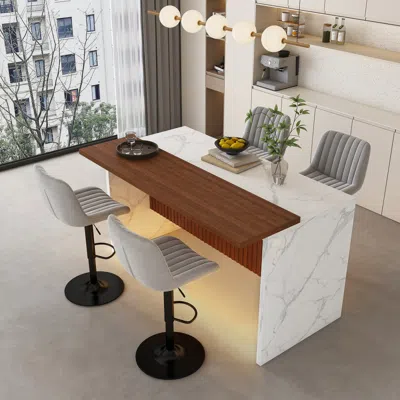 Streamdale Furniture Streamdale Black Marble Kitchen Island With Led Lighting & Grille Details