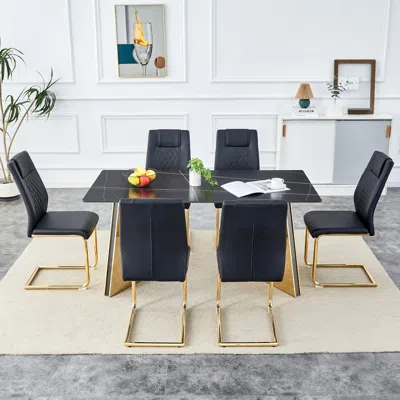Streamdale Furniture Streamdale Black Sintered Stone Table & 6 Pu Chairs - Golden Accents