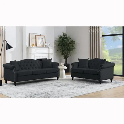 Streamdale Furniture Streamdale Black Velvet 3-seater Sofa With Rolled Arms & Nailhead