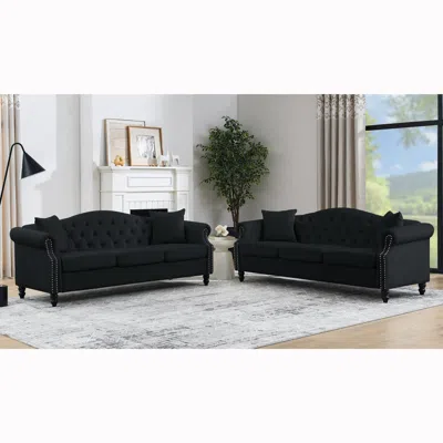 Streamdale Furniture Streamdale Black Velvet Chesterfield Sofa 3 Seater With Tufted Couch