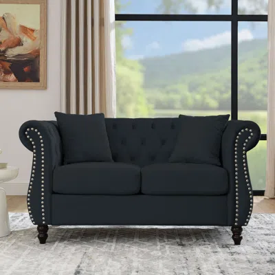 Streamdale Furniture Streamdale Black Velvet Chesterfield Sofa With Rolled Arms & Nailhead Trim