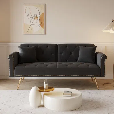 Streamdale Furniture Streamdale Black Velvet Sofa Bed With Nailhead Trim & Pillow