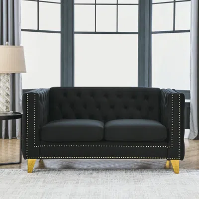 Streamdale Furniture Streamdale Black Velvet Tufted Sofa With Metal Legs