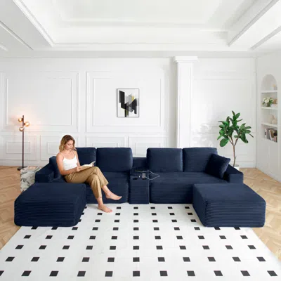 Streamdale Furniture Streamdale Blue 125" Sectional Sofa With 2 Ottomans, Cloud Couch, L-shape, Cup Holders & Usb Ports.