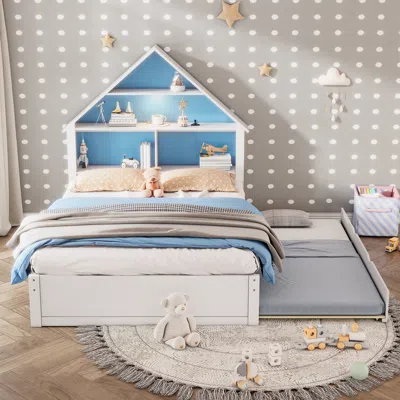 Streamdale Furniture Streamdale Blue And White House Bed With Bookcase Headboard And Trundle