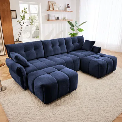 Streamdale Furniture Streamdale Blue Chenille 3-seater Sofa Set With Ottoman & Pillows
