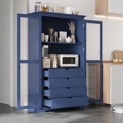 Streamdale Furniture Streamdale Blue Kitchen Pantry Cabinet With Glass Doors & Drawers