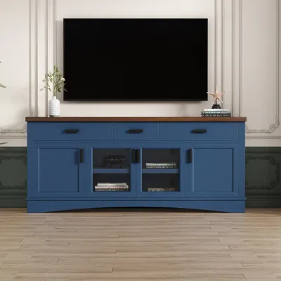 Streamdale Furniture Streamdale Blue Tv Console - 67" Wide, Glass Doors & Drawers