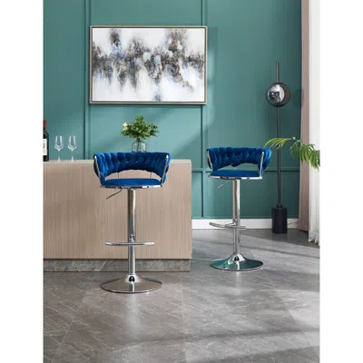 Streamdale Furniture Streamdale Blue Velvet Bar Stools, Chrome Base, Adjustable Height (set Of 2)