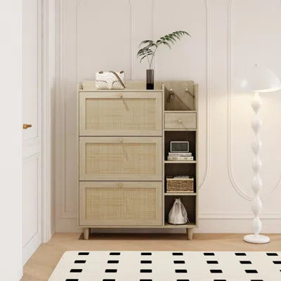 Streamdale Furniture Streamdale Bohemian Shoe Cabinet With Rattan Drawers And Shelves