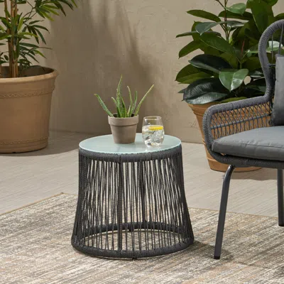 Streamdale Furniture Streamdale Boho-chic Glass-top End Table With Woven Rope Texture