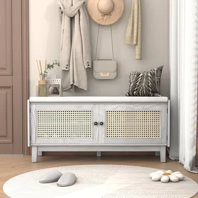 Streamdale Furniture Streamdale Boho Rattan Entryway Bench With Storage (gray Wash+beige)