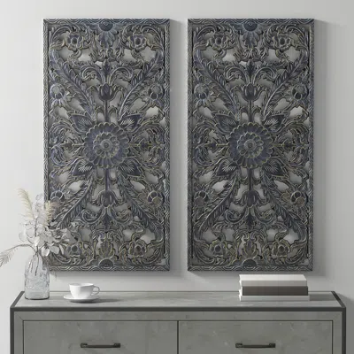 Streamdale Furniture Streamdale Botanical Panel Distressed Carved Wood 2-piece Wall Decor Set
