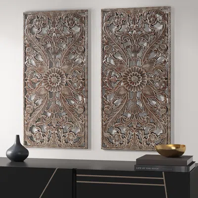Streamdale Furniture Streamdale Botanical Panel Distressed Carved Wood 2-piece Wall Decor Set