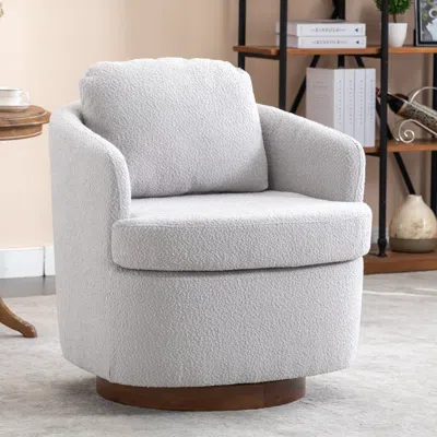 Streamdale Furniture Streamdale Boucle Fabric Swivel Accent Chair With Soild Wood Round Brown Base In White