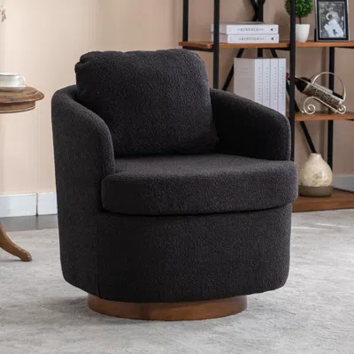 Streamdale Furniture Streamdale Boucle Fabric Swivel Accent Chair With Soild Wood Round Brown Base In Black