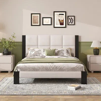 Streamdale Furniture Streamdale Boucle Queen Bed Frame With Square-stitched Headboard Beige + Black
