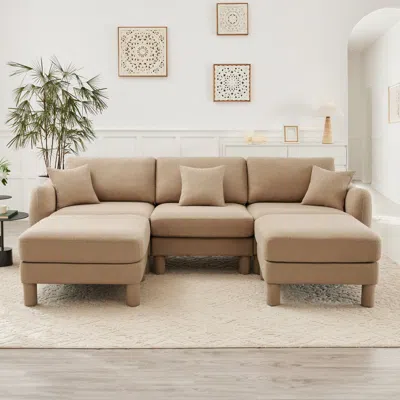 Streamdale Furniture Streamdale Boucle U-shape Sectional Sofa With Ottomans & Shell Armrests - Coffee In Brown