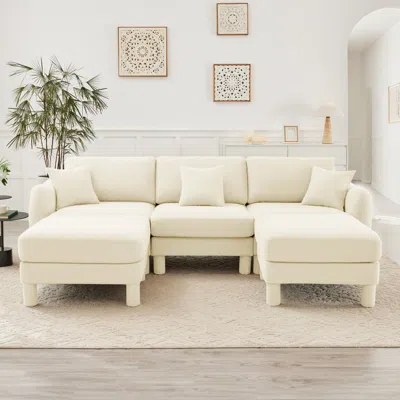 Streamdale Furniture Streamdale Boucle U-shape Sectional Sofa With Ottomans & Shell Armrests, Beige In Neutral