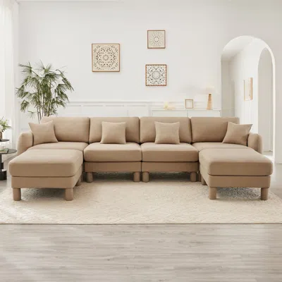 Streamdale Furniture Streamdale Boucle U-shape Sectional Sofa With Ottomans & Shell Armrests, Coffee In Neutral