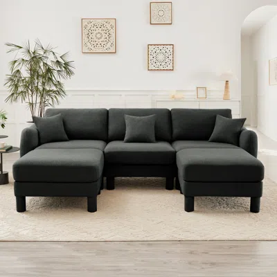 Streamdale Furniture Streamdale Boucle U-shape Sectional Sofa With Ottomans & Shell Armrests, Dark Grey In Gray