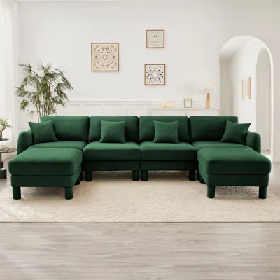 Streamdale Furniture Streamdale Boucle U-shape Sectional Sofa With Ottomans, Shell Armrests, Green