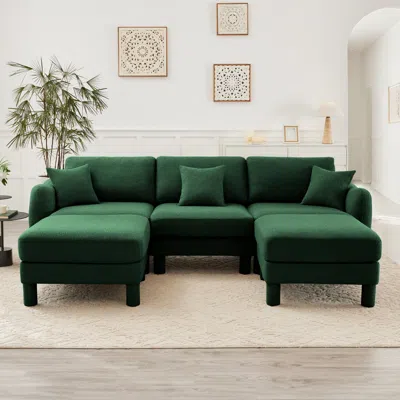 Streamdale Furniture Streamdale Boucle U-shape Sectional Sofa With Ottomans, Shell Armrests, Green