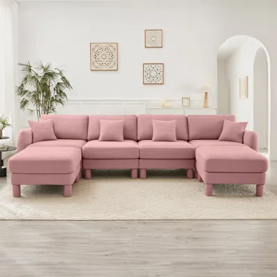 Streamdale Furniture Streamdale Boucle U-shape Sectional Sofa With Ottomans, Shell Arms, Pink